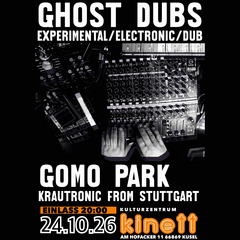 Sa24.10.20 : 00 GHOST DUBS + GOMO PARK experimental/electronic/dub + krautronic Band Website KULTURZENTRUM KINETT Am Hofacker 11 66869 Kusel Hinter GHOST DUBS verbirgt sich Michael Fiedler aus Stuttgart, ein Grossmeister im Tiefbassbereich. In Kusel war er schön öfter, ob als Teil von ANNAGEMI …NA oder mit dem VJ PPLC beim WILLKOMMEN IM DSCHUNGEL Festival. Mit GHOST DUBS erhält er nun die internationale Resonanz, die er schon lange verdient hat, wir freuen uns sehr!!! Im englischen Info liest sich das übrigens so: „Michael Fiedler gained international recognition in 2024 with the Ghost Dubs album Damaged ,released on The Bug’s own PRESSURE label. The Stuttgart-based artist crafted a wholly original fusion of low-end pressure, live dub techniques, and industrial sound aesthetics which, although inspired by traditional dub/roots, dub techno, and even shoegaze or drone, captured many listeners’ attention with Fiedler’s futuristic sound design and mesmerising, slo-mo dubbed gyrations.“ (Ken Li 2025) Mit dabei sind GOMO PARK aus Stuttgarts Avantgarde Szene, mit ihrer eigenen Beschreibung: Krautronic, treffen sie die Sache ganz gut! x