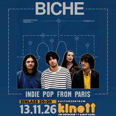 Fr13.11.20 : 00 ****abgesagt**** BICHE indie pop from Paris Band Website KULTURZENTRUM KINETT Am Hofacker 11 66869 Kusel BICHE aus Paris haben es geschafft einen eigenständigen Zugang zur zeitgenössischen Popmusik zu finden. Der ist natürlich französisch-elegant und mit S …icherheit in der Lage auch die düstersten Novembertage aufzuheitern. x